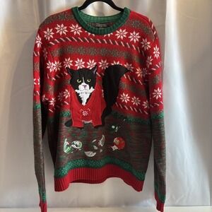 Ugly Christmas Sweater Angry Cat Crew Neck Pullover Size L Funny Holiday